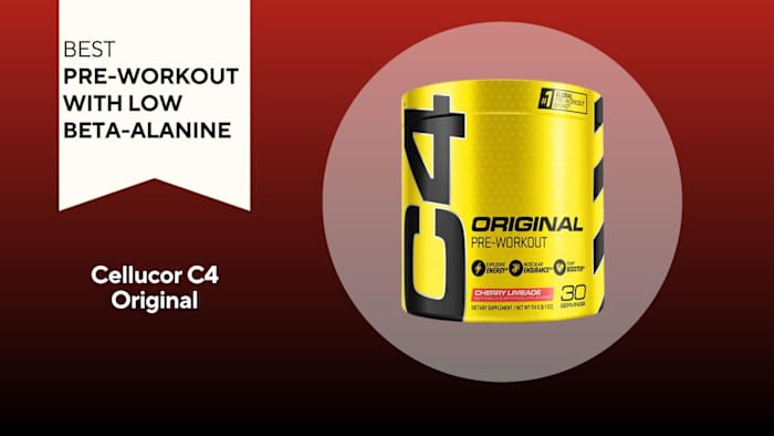 A red background with a white banner reading "Best Pre-Workout with Low Beta-Alanine" next to a yellow and black container of Cellucor C4 Original Pre-Workout in Cherry Limeade flavor